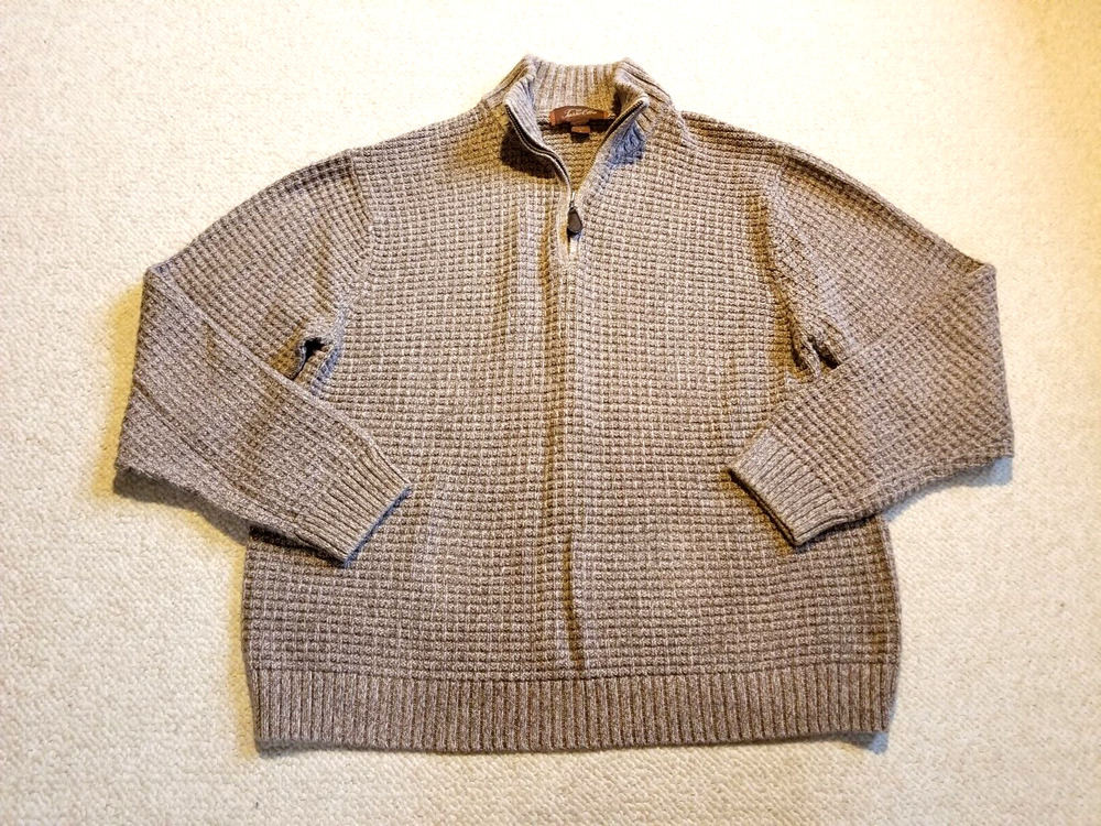 Mens Sweater-TASSO ELBA-brown waffle cotton 1/4 zip po Academia preppy-L